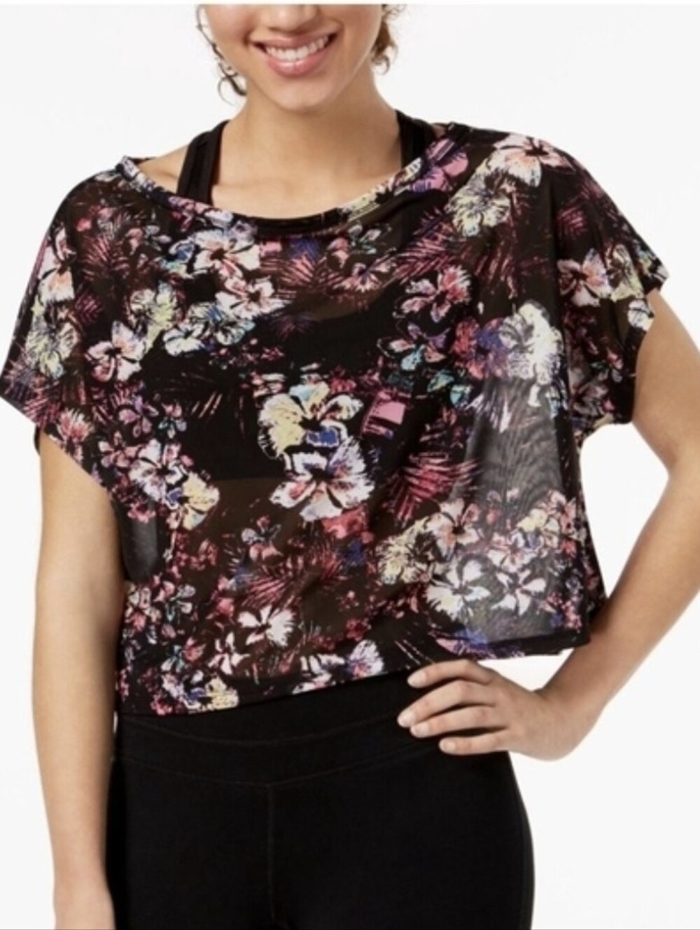 ⭐️ Material Girl Floral Mesh Crop Top - Black with Pink & Multi